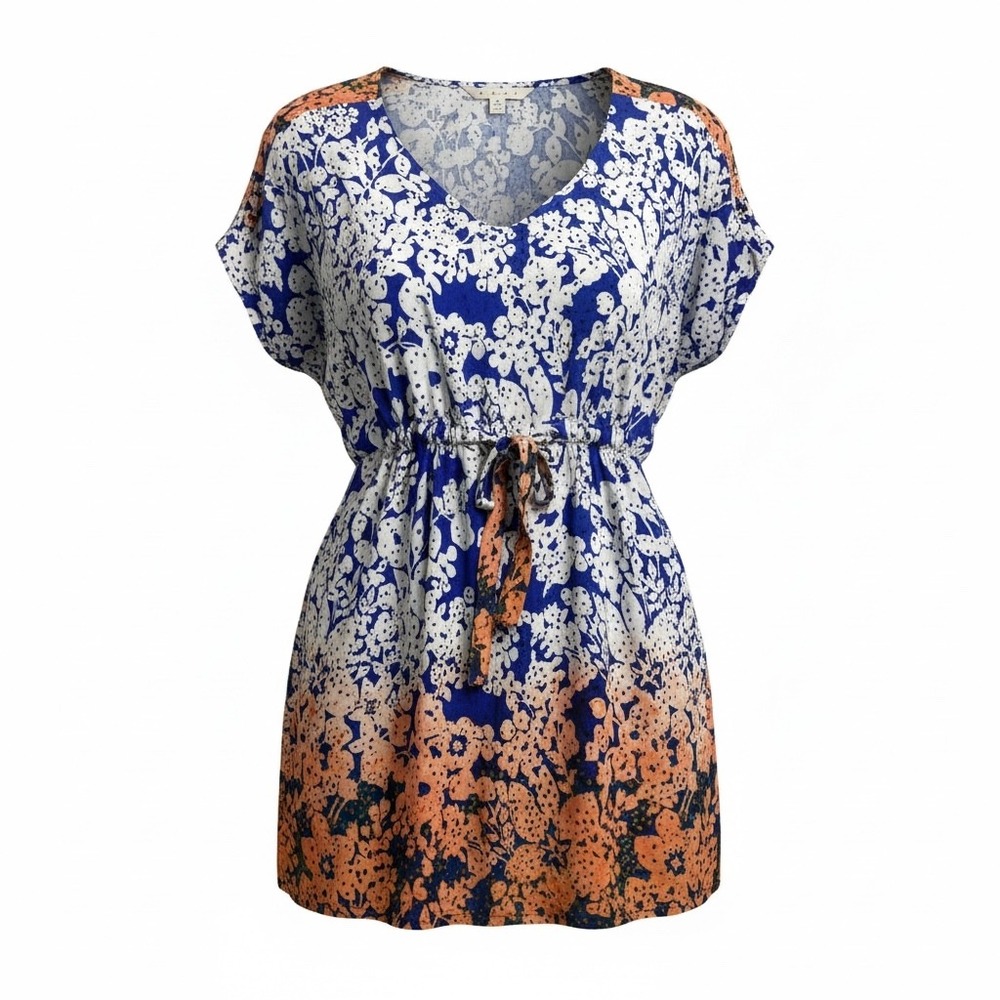 Cabi Blue Orange‎ Ombre Floral Drawstring Waist Tunic Top Womens Small V-Neck